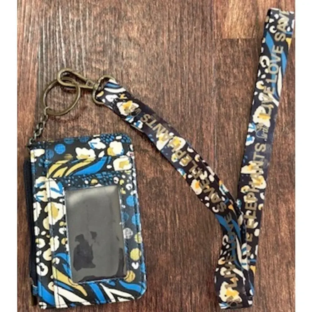 Ivory Ella Blue Gold Floral Lanyard ID Badge Card Holder Wallet Zip Pouch Womens